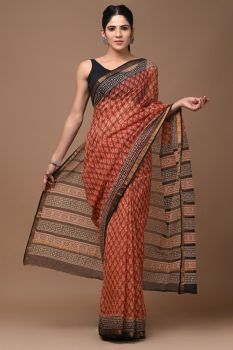 Brown Red Kota Doriya Printed Leaf Design Saree