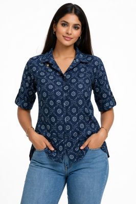 Blue Womens Hand Block Printed Tops From Bengal