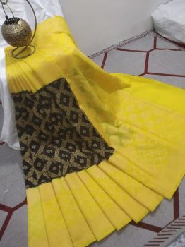 Black Yellow Silk Flower Design Banarasi Saree