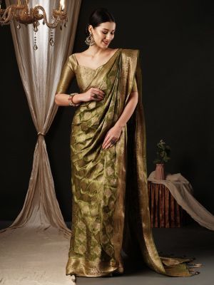 Olive Green Coral Party Wear Silk Saree