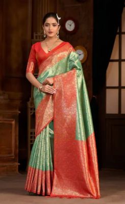Olive Green Pure Handloom Silk Saree From Banaras