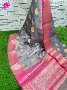 Grey Pink Butta Kora Saree From Banarasi