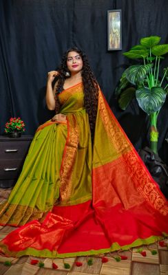 Mehandi Green Pure Handloom Tissue Saree From Bengal