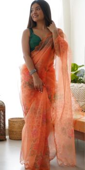 Orange Flower Printed Work Pure Organza Silk Saree