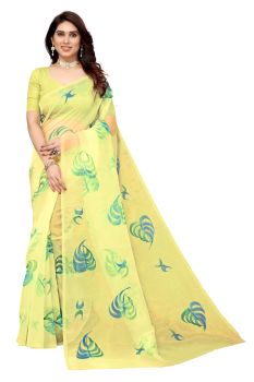 Yellow Organza Hand Painted Floral Pattern Saree