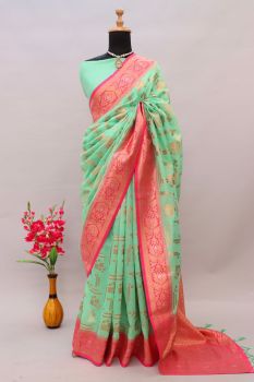 Sea Green Pink Butta Zari Work Cotton Silk Saree