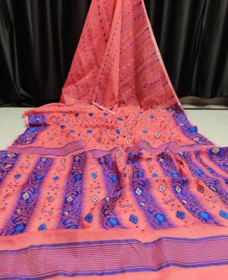Coral Pure Handloom Dhakai Jamdani Saree From Bengal