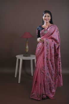 Baby Pink Pure Handloom Katha Stitch Saree From Bengal