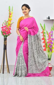 Hot Pink Pure Handloom Khesh Cotton Saree From Bengal