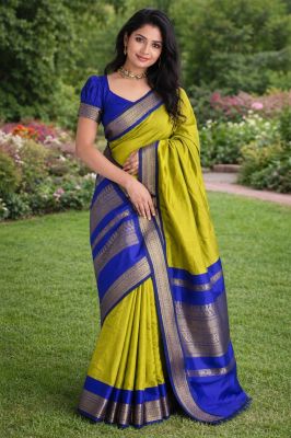 Women's Wear Parrot Colour Gadwal Silk Cotton Pure Handloom Saree From Bengal