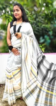White Grey Begampuri Cotton Saree From Bengal