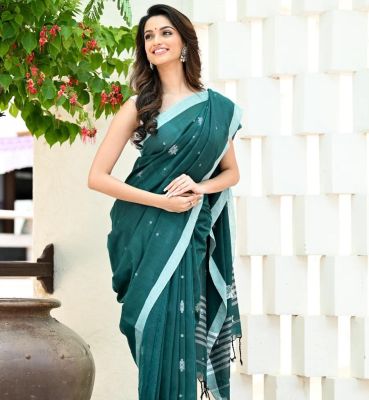 Teal Pure Handloom Cotton Saree From Bengal
