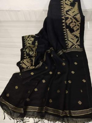 Black Pure Handloom Linen By Linen Saree From Bengal