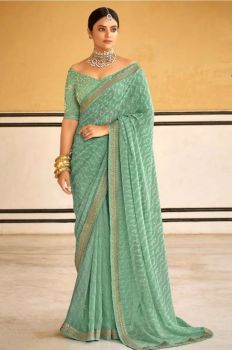 Light Green Pure Handloom Georgette Saree From Banaras