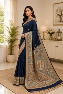 Navy Blue Traditional Indian Madhubani Pure Handloom Tassar Silk Saree