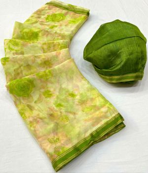 Light Green Cream Flower Design Printed Work Chiffon Saree