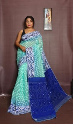 Blue Pure Handloom Ikkat Jamdani Saree From Bengal