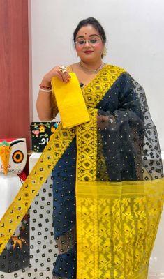 Black Yellow Pure Handloom Dhakai Jamdani Saree From Bengal