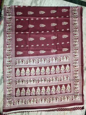 Maroon Pure Handloom Silk Cotton Saree From Bengal