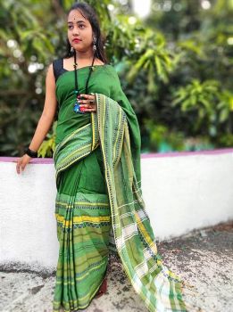Deep Green Begampuri Cotton Saree From Bengal