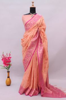 Peach Pink Butta Zari Work Cotton Silk Saree