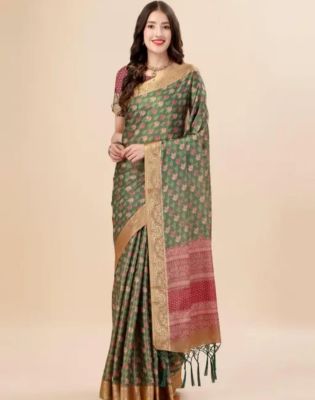 Olive Green Pure Handloom Silk Cotton Saree From Banaras