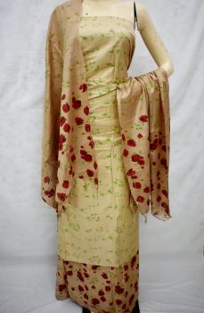 Cream & Red Floral Katan Silk Suit