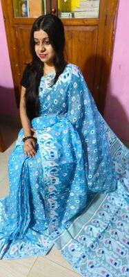 Sky Blue Pure Handloom Dhakai Jamdani Saree From Bengal