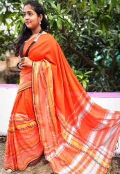 Orange Begampuri Cotton Saree From Bengal