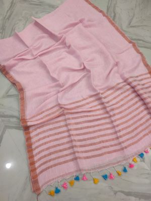 Coral Pink Pure Handloom Linen By Linen Saree From Bengal