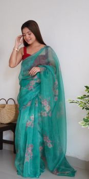 Light Green Flower Printed Work Pure Organza Silk Saree