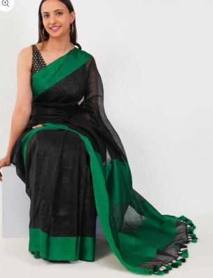 Black Pure Handloom Tissue Linen Saree From Bihar