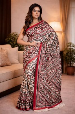 Handloom Organic Tussar Silk Madhubani Saree from Bhagalpur–Traditional Mithila Art Saree