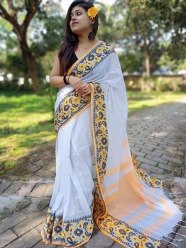 White Yellow Plain Body Cotton Saree From Bengal