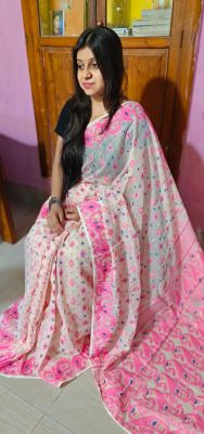 Off While Pure Handloom Dhakai Jamdani Saree From Bengal