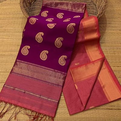 Purple Coral Pure Handloom Meheshwari Silk Cotton Saree From Bengal