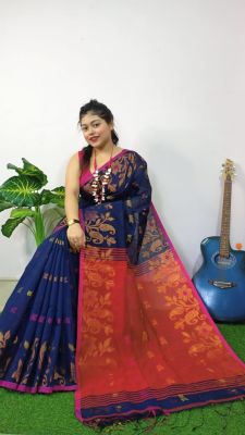 Navy Blue Pure Handloom Silk Cotton Saree From Bengal