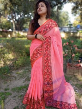Baby Pink Plain Body Cotton Saree From Bengal