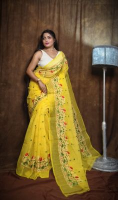 Yellow Pure Handloom Resham Dhakai Jamdani Saree From Bengal