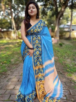 Blue Plain Body Cotton Saree From Bengal