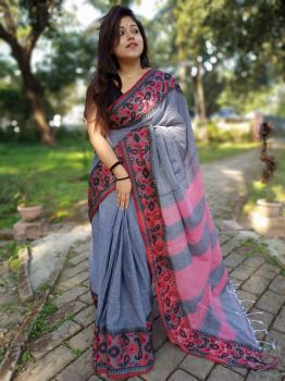 Grey Red Plain Body Cotton Saree From Bengal