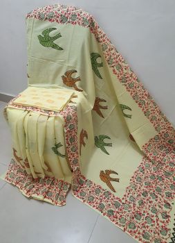 Cream Hand Block Printed Work Saree