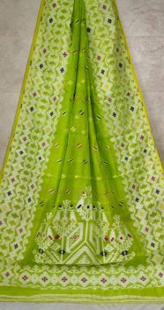 Parrot Green Butta Design Pure Handloom Soft Dhakai Jamdani Saree