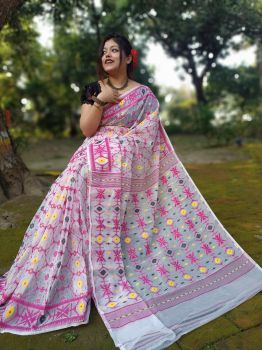 Pink White Pure Handloom Dhakai Jamdani Saree From Bengal