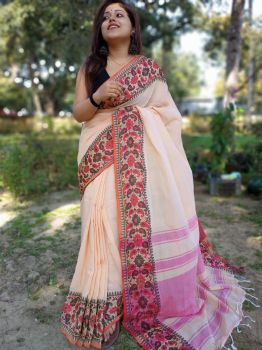 Cream Plain Body Cotton Saree From Bengal