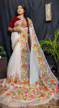 White Pure Resham Maslin Embroidery Kashmire Pashmina Dobol Mina Work Saree