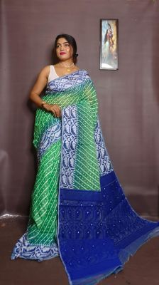 Light Green Pure Handloom Ikkat Jamdani Saree From Bengal