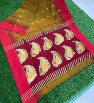 Brown And Maroon Jamdani Cotton Silk Saree From Bengal