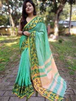 Mint Green Plain Body Cotton Saree From Bengal