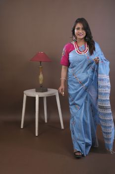 Sky Blue Pure Handloom Katha Stitch Saree From Bengal
